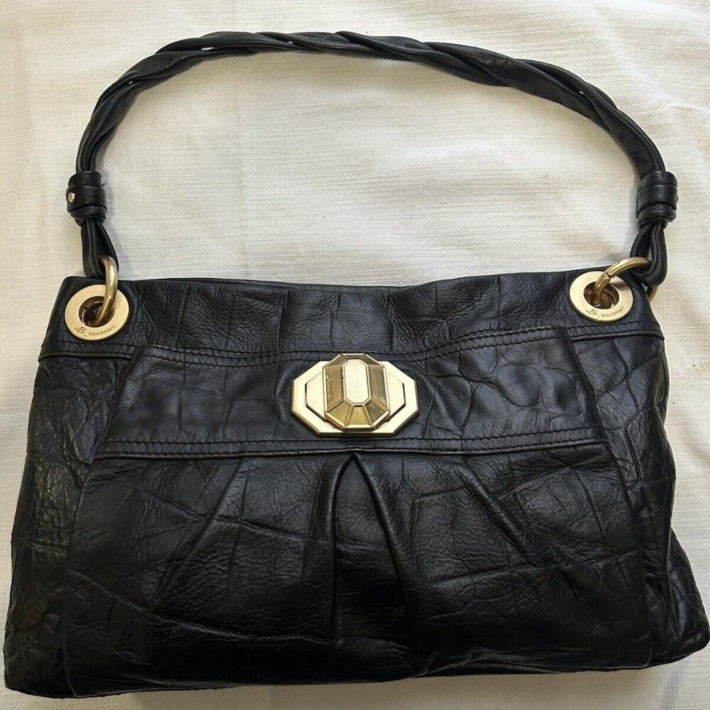 B. Makowsky Leather Black Handbag Gold Hardware Turn Lock